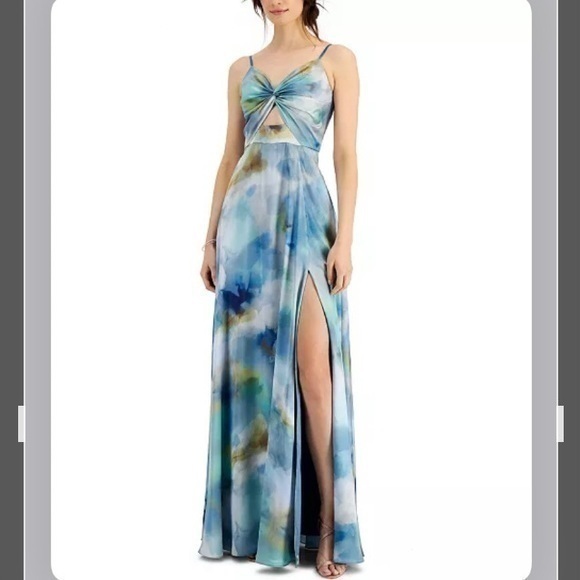 Aidan by Aidan Mattox Printed Twist-Front Maxi Dress in Blue Multi Size 12